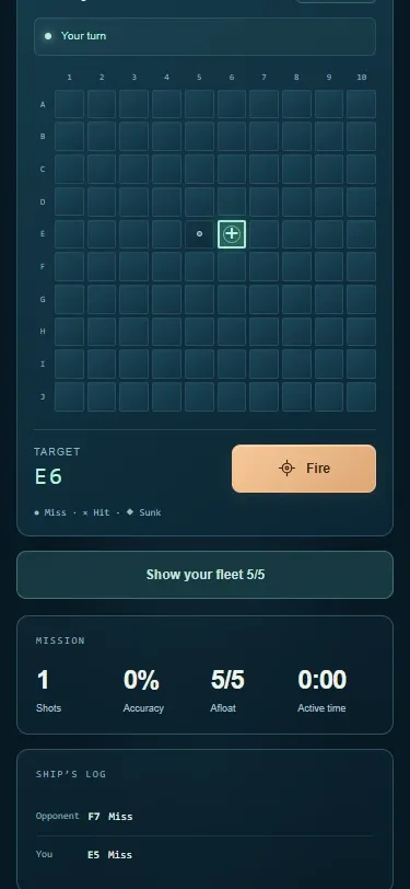 Sea Battle en pantalla de 375 píxeles con selección de objetivo y botón para disparar.