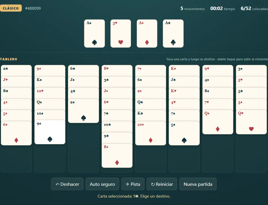 Tablero de Solitario del Castillo, posición 1 de una partida real con cartas repartidas y cimientos visibles.