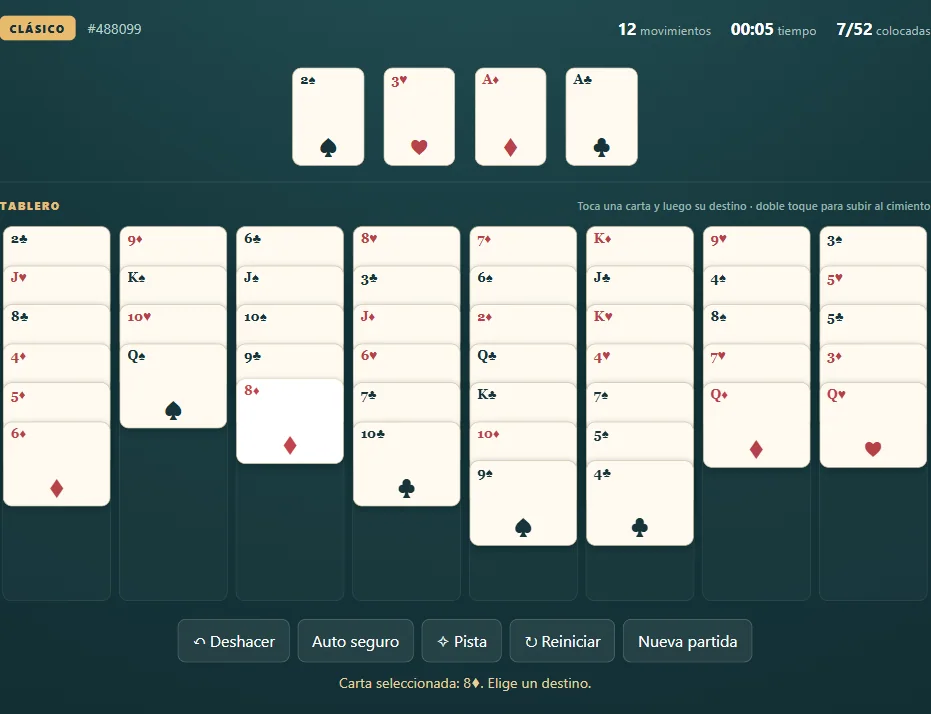 Tablero de Solitario del Castillo, posición 2 de una partida real con cartas repartidas y cimientos visibles.