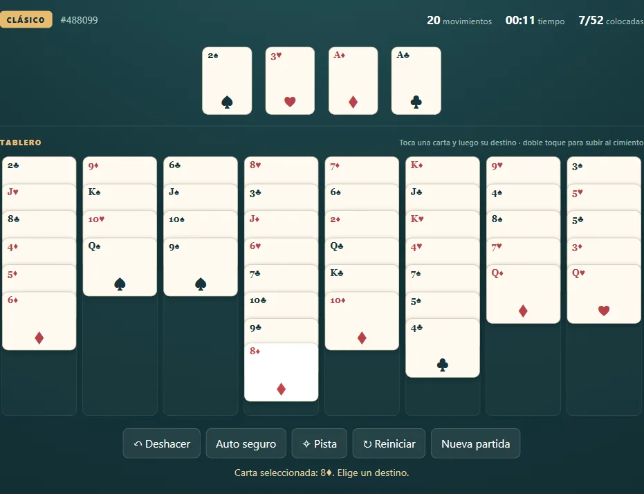 Tablero de Solitario del Castillo, posición 3 de una partida real con cartas repartidas y cimientos visibles.