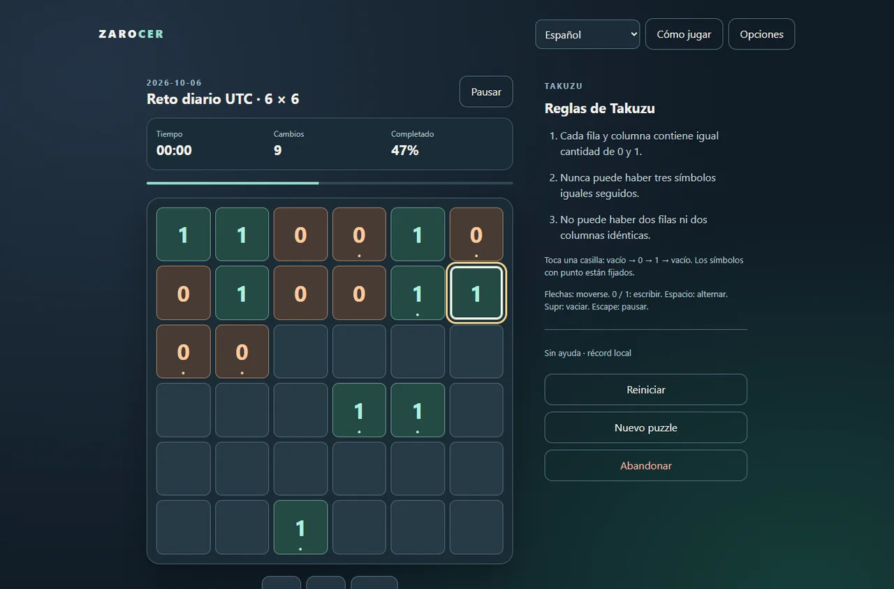 Binario Takuzu: tablero diario 6×6 de ceros y unos