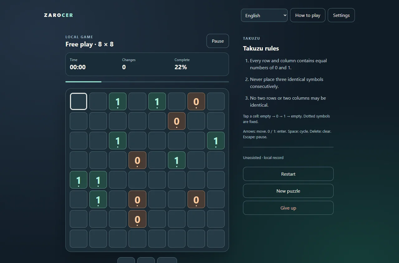 Binario Takuzu: partida en un tablero 8×8