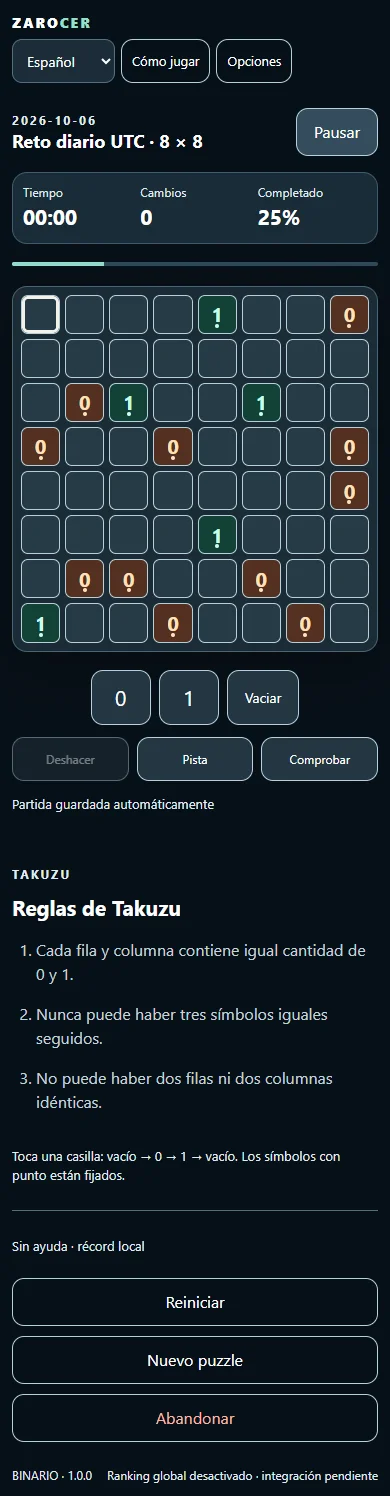 Binario Takuzu: tablero y controles en móvil