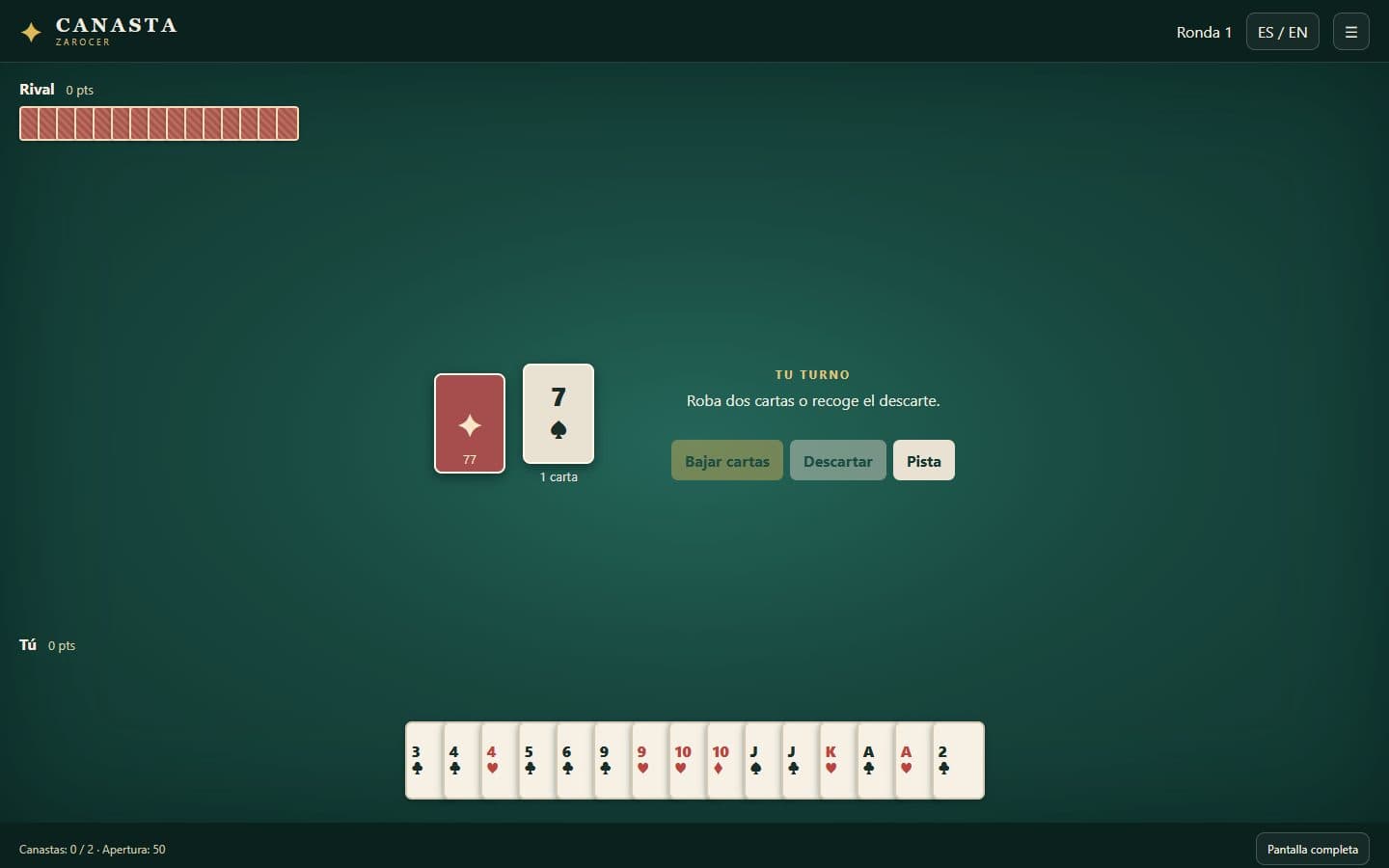 Partida inicial de Canasta en español.