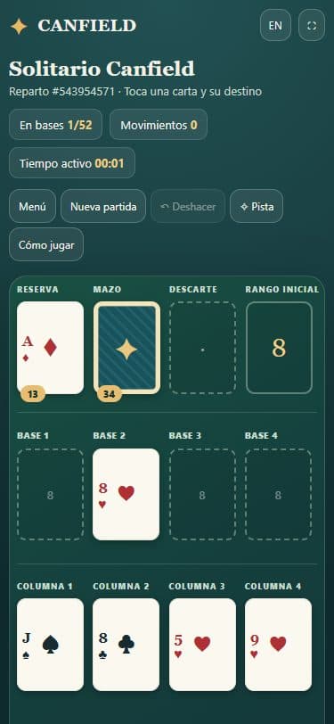 Partida de Solitario Canfield en una pantalla móvil.