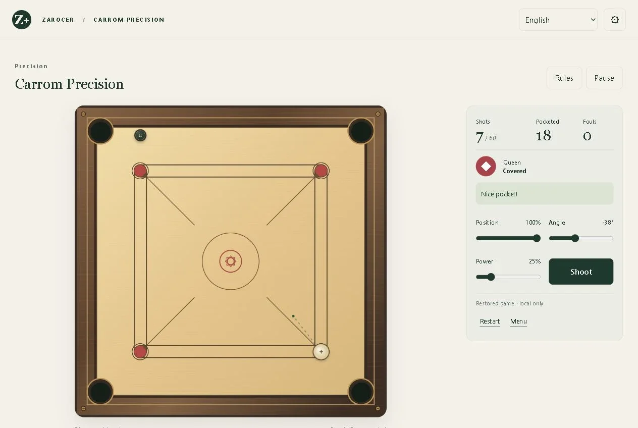 Carrom Precision: Tablero de Carrom y controles de posición, ángulo y potencia