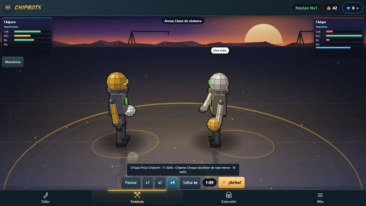 Combate real entre dos robots con barras de vida y controles de reproducción.