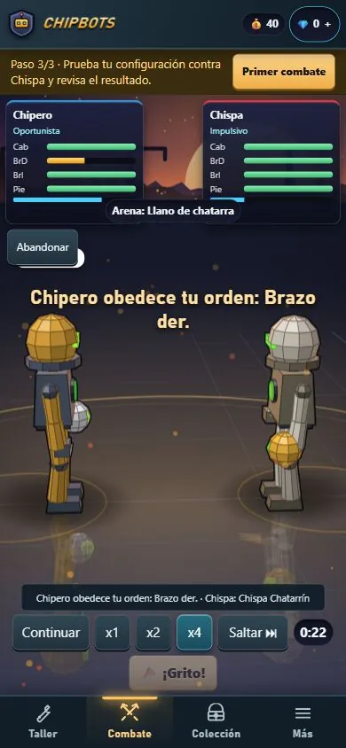 Combate de Chipbots adaptado a una pantalla de 390 píxeles.