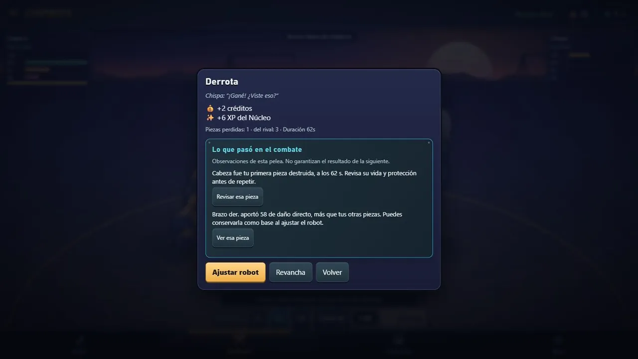 Resultado de un duelo con diagnóstico de daño y piezas perdidas.