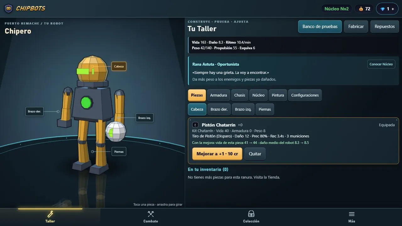Taller de Chipbots: robot modular y estadísticas de la pieza seleccionada.