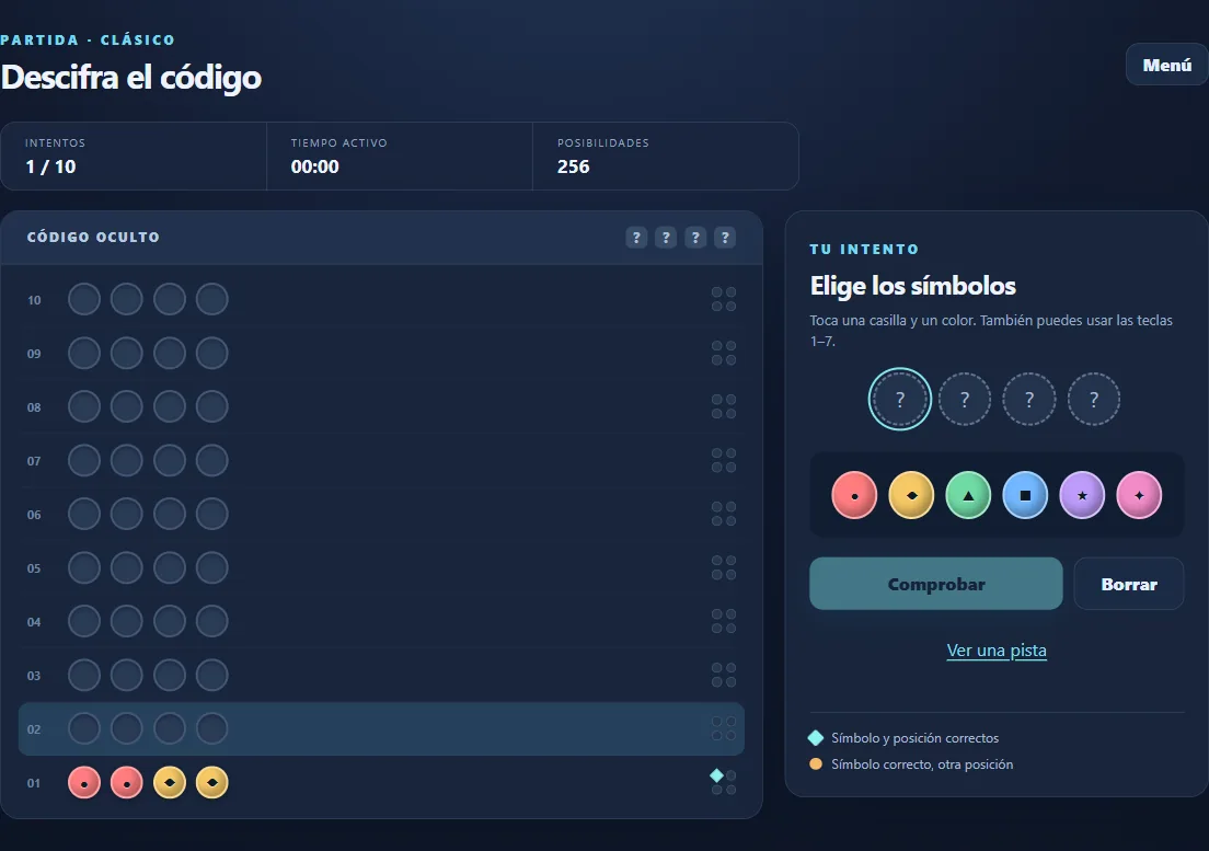 Code Breaker clásico con 1 intentos comprobados y pistas de posición.