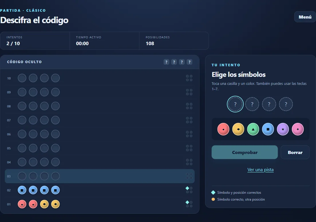Code Breaker clásico con 2 intentos comprobados y pistas de posición.
