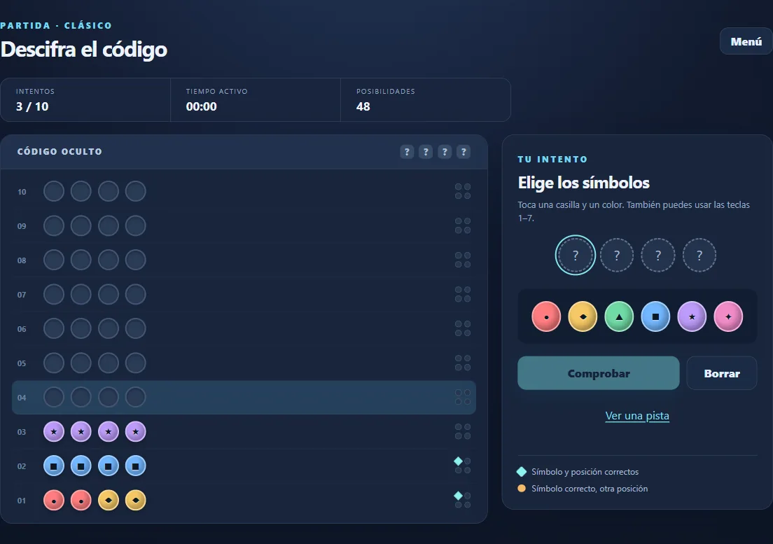 Code Breaker clásico con 3 intentos comprobados y pistas de posición.
