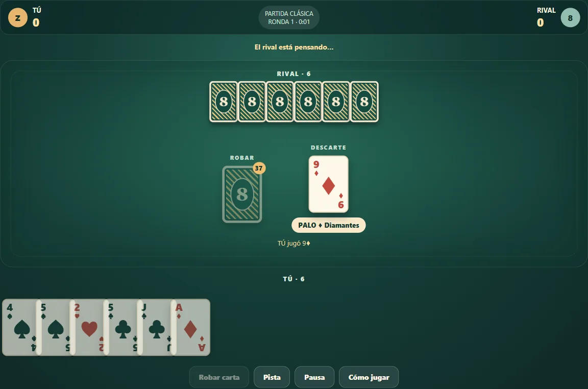 Partida real de Ocho Loco, posición 1 con mano propia visible y cartas rivales ocultas.