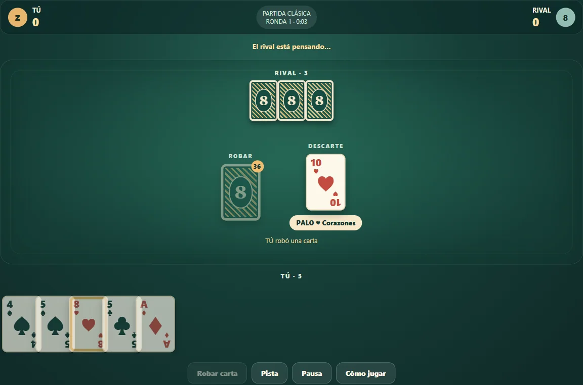 Partida real de Ocho Loco, posición 2 con mano propia visible y cartas rivales ocultas.
