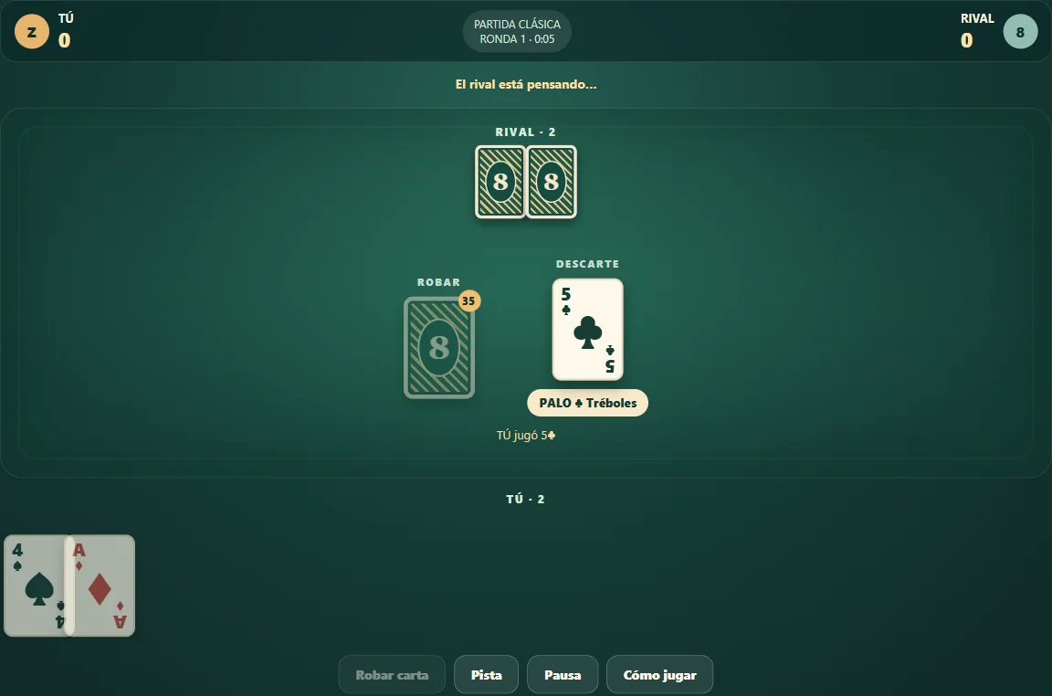 Partida real de Ocho Loco, posición 3 con mano propia visible y cartas rivales ocultas.