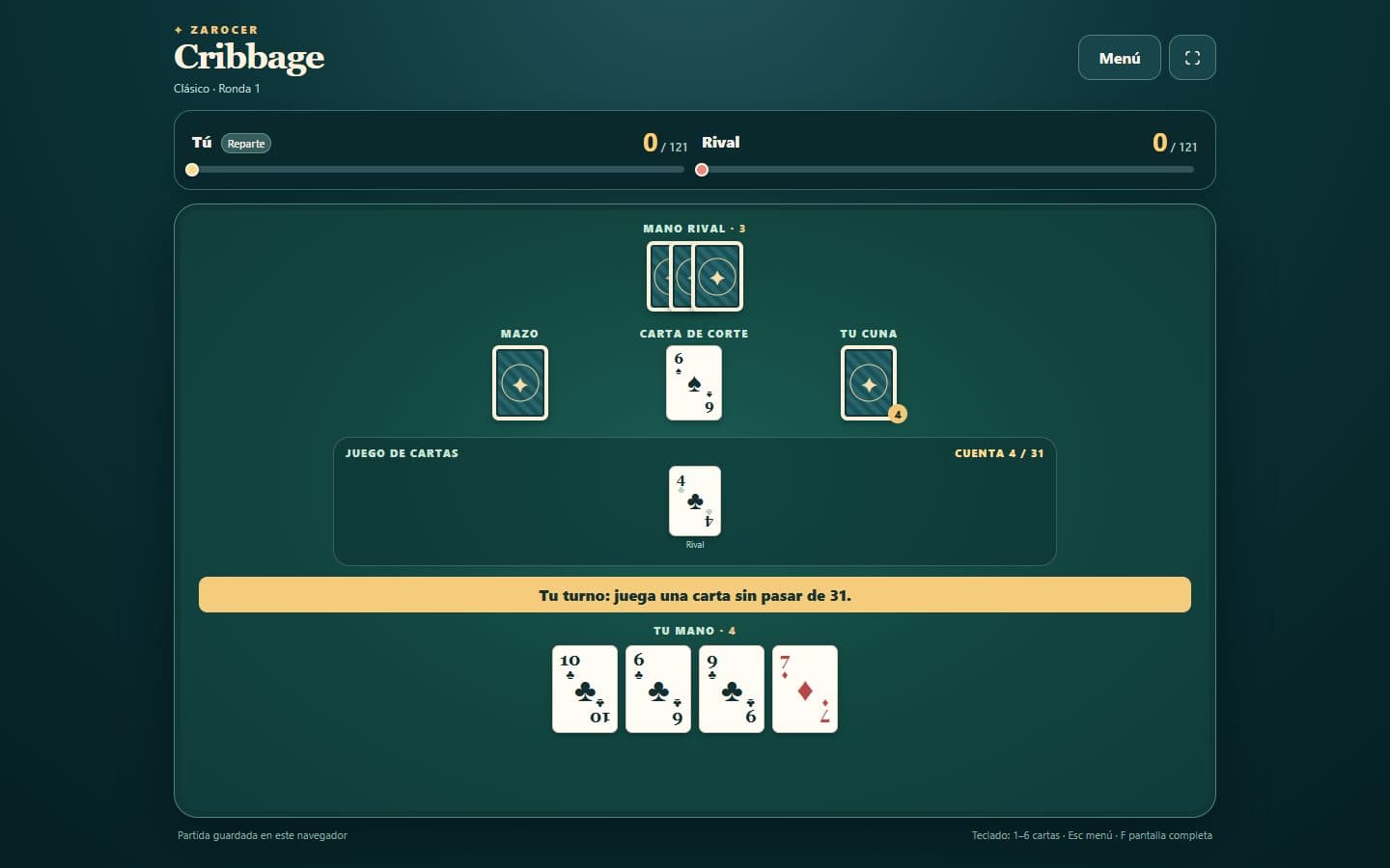 Partida de Cribbage después de una jugada.