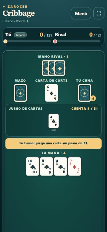 Cribbage en una pantalla móvil.