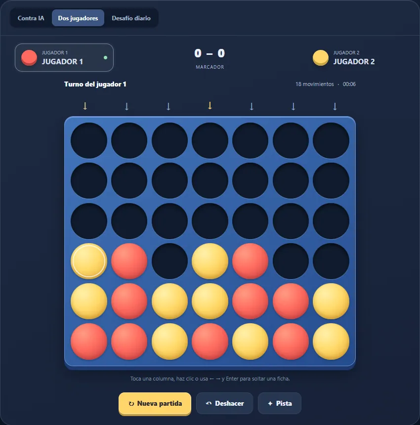 Medio juego de Cuatro en Raya con líneas diagonales en formación