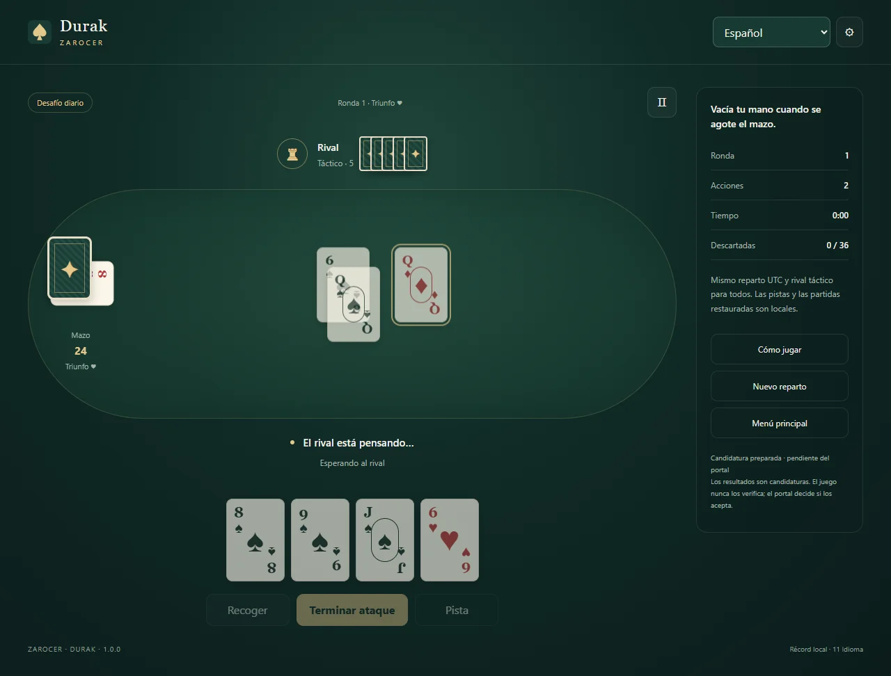 Durak: Cartas en la mesa y mano del jugador