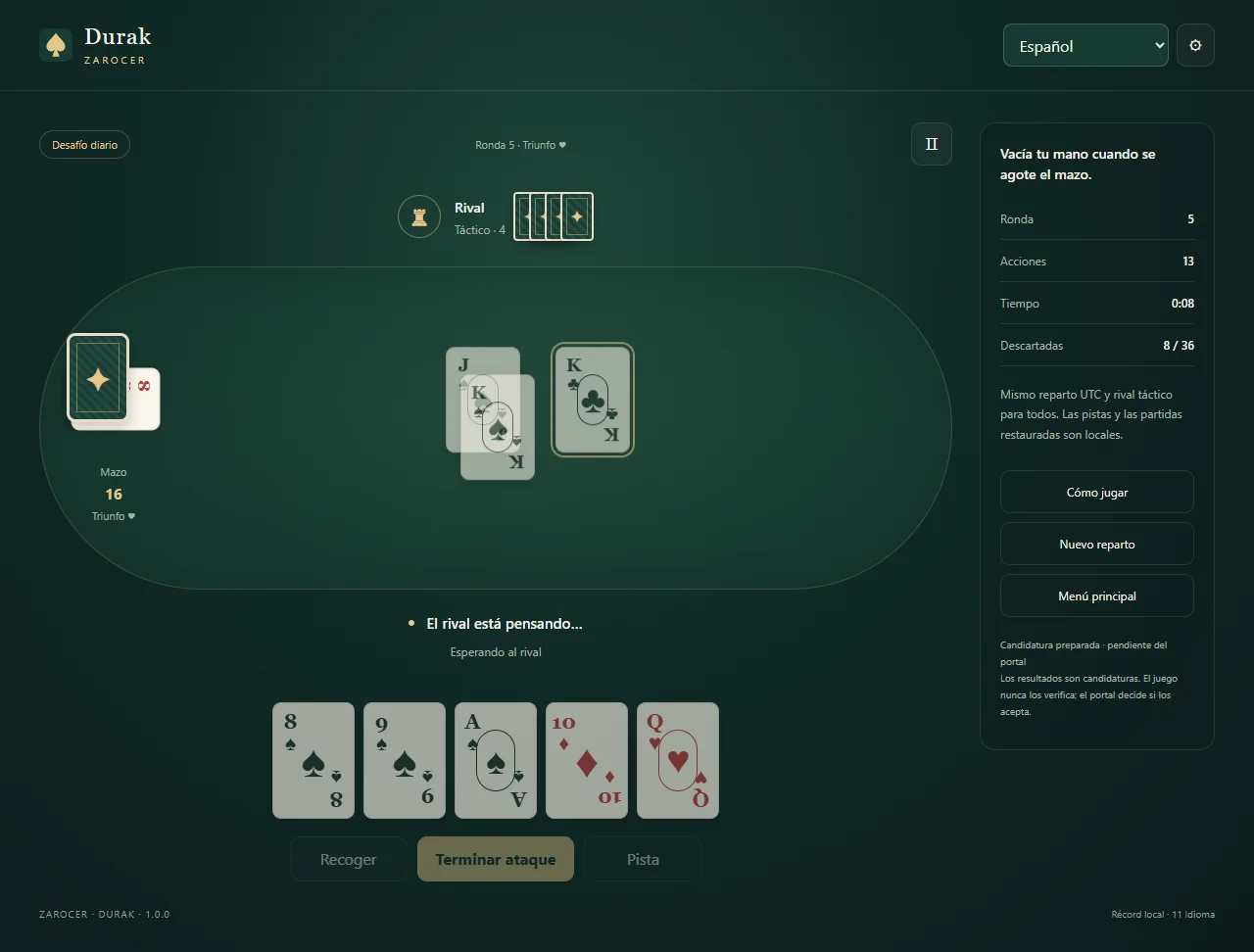 Durak: Mano y controles durante una partida contra la computadora