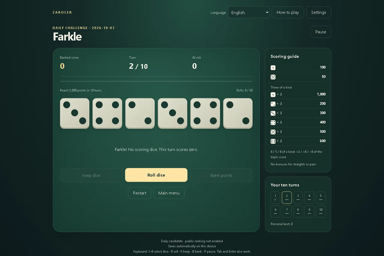 Farkle: Dados lanzados y puntuación del turno