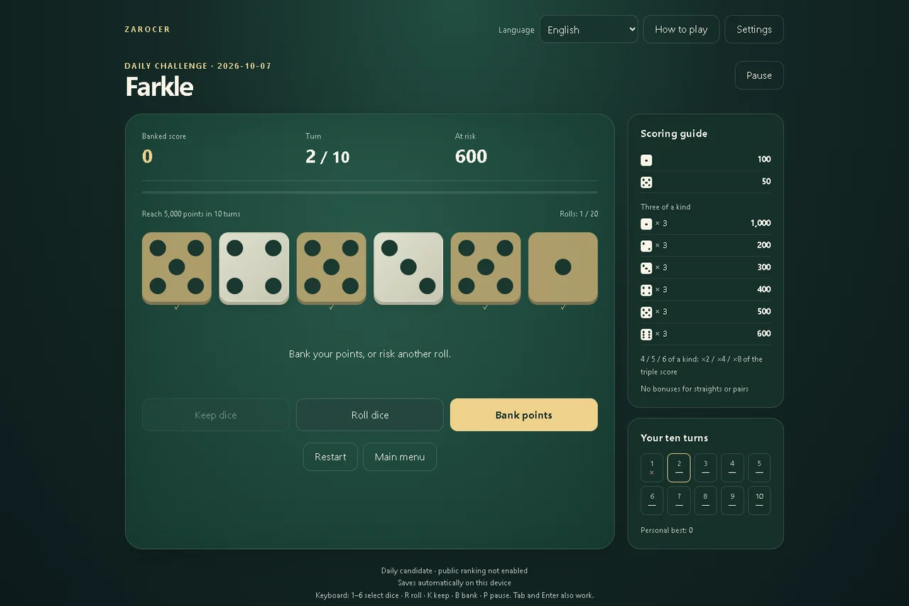 Farkle: Dados seleccionados para conservar puntos