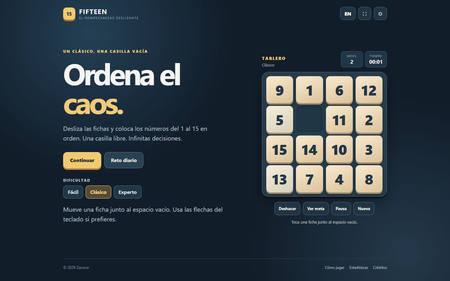 Tablero de Fifteen: juego del 15 después de una jugada.