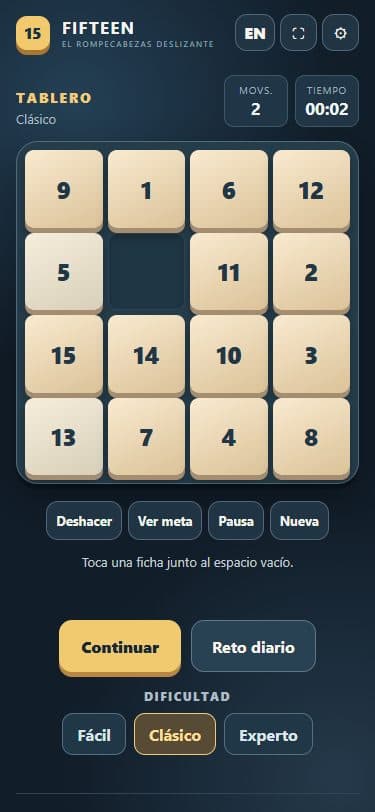 Partida de Fifteen: juego del 15 en una pantalla móvil.