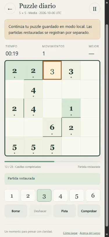 Fillomino: tablero y selector numérico en móvil