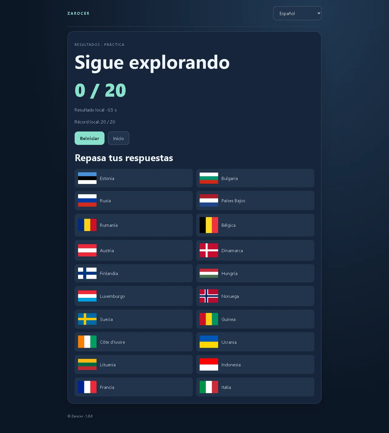 Reconocer banderas: Repaso de respuestas y banderas tras la partida