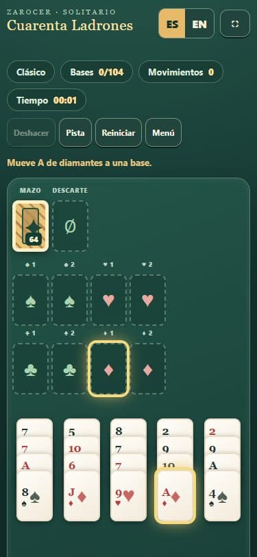 Partida de Solitario Cuarenta Ladrones en una pantalla móvil.