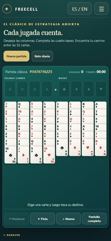 Partida de FreeCell en una pantalla móvil.