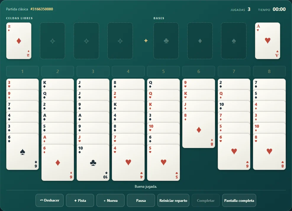 FreeCell tras tres jugadas con una carta en una celda libre