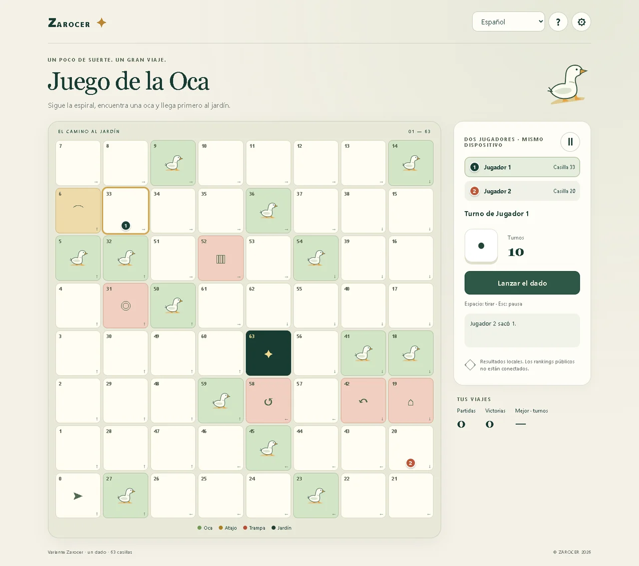 Juego de la Oca: Tablero de recorrido y controles de dados