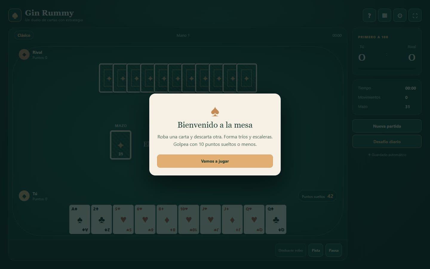 Mesa de cartas de Gin Rummy con la interfaz en español