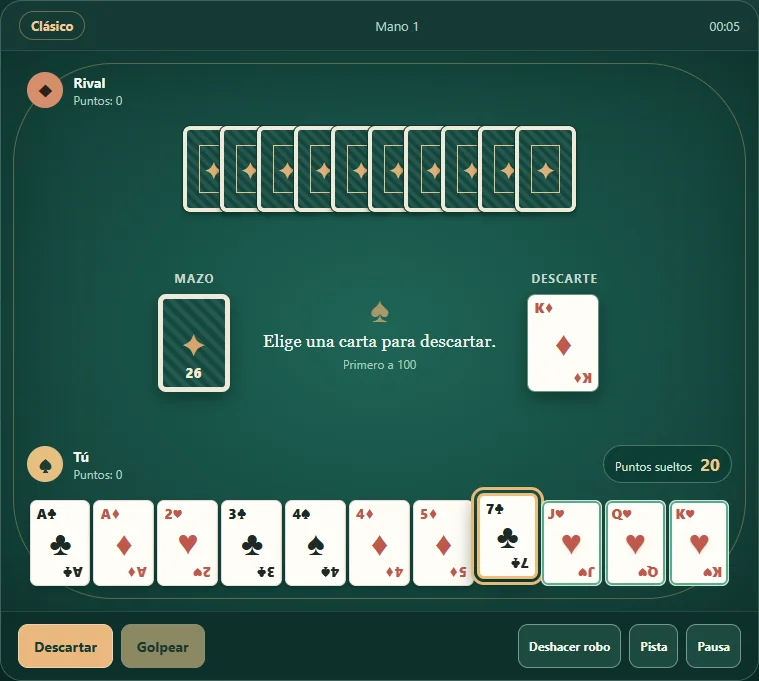 Gin Rummy con una carta seleccionada para descartar y 20 puntos sueltos