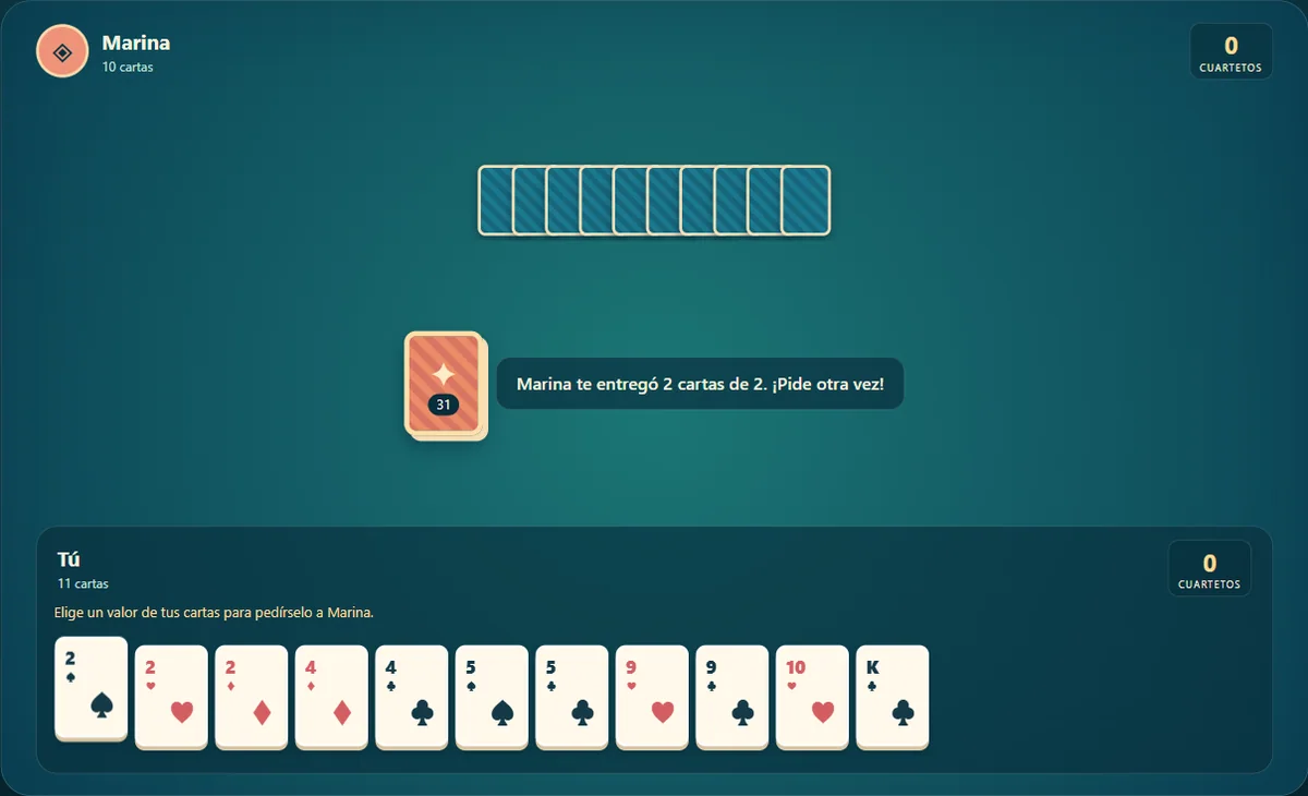 Partida real de Go Fish: Coral Cove, posición 1 con mano propia visible y cartas rivales ocultas.