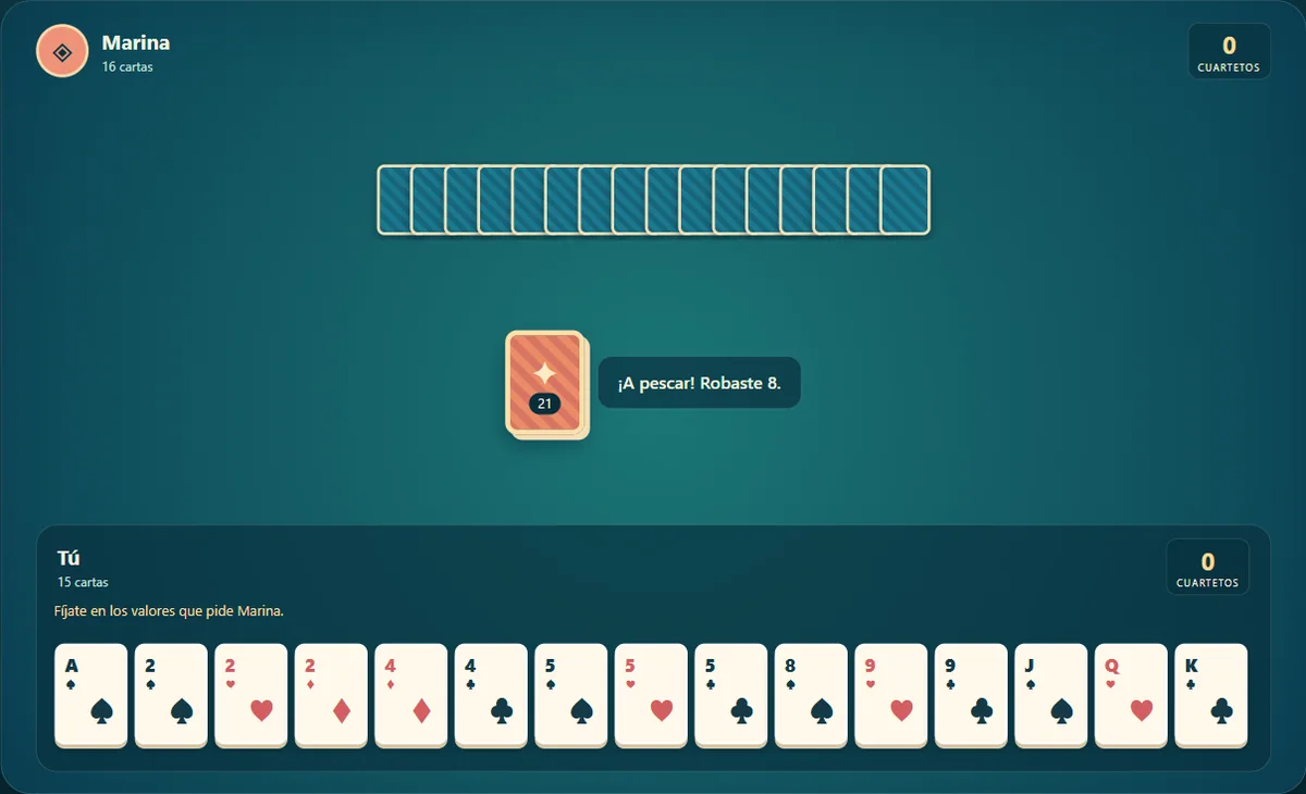 Partida real de Go Fish: Coral Cove, posición 2 con mano propia visible y cartas rivales ocultas.