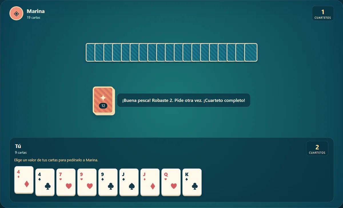 Partida real de Go Fish: Coral Cove, posición 3 con mano propia visible y cartas rivales ocultas.