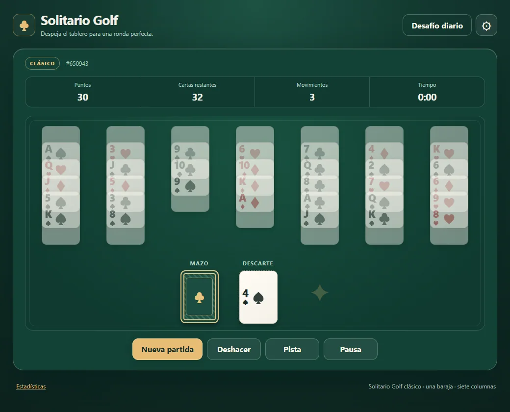Solitario Golf con tres cartas retiradas de las columnas