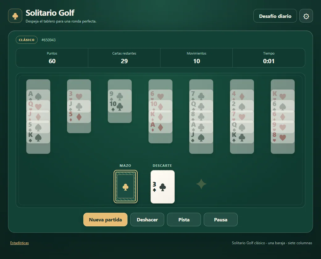 Solitario Golf con seis cartas retiradas