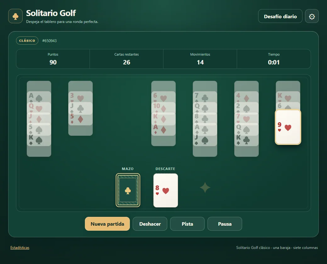 Solitario Golf con nueve cartas retiradas y columnas más cortas