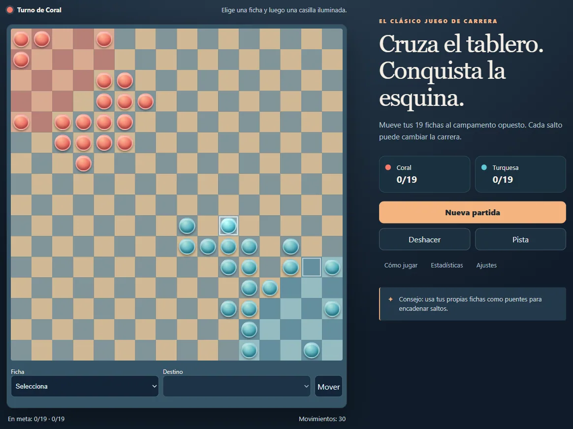 Halma local tras 30 turnos, con las fichas de ambos jugadores repartidas en el tablero.