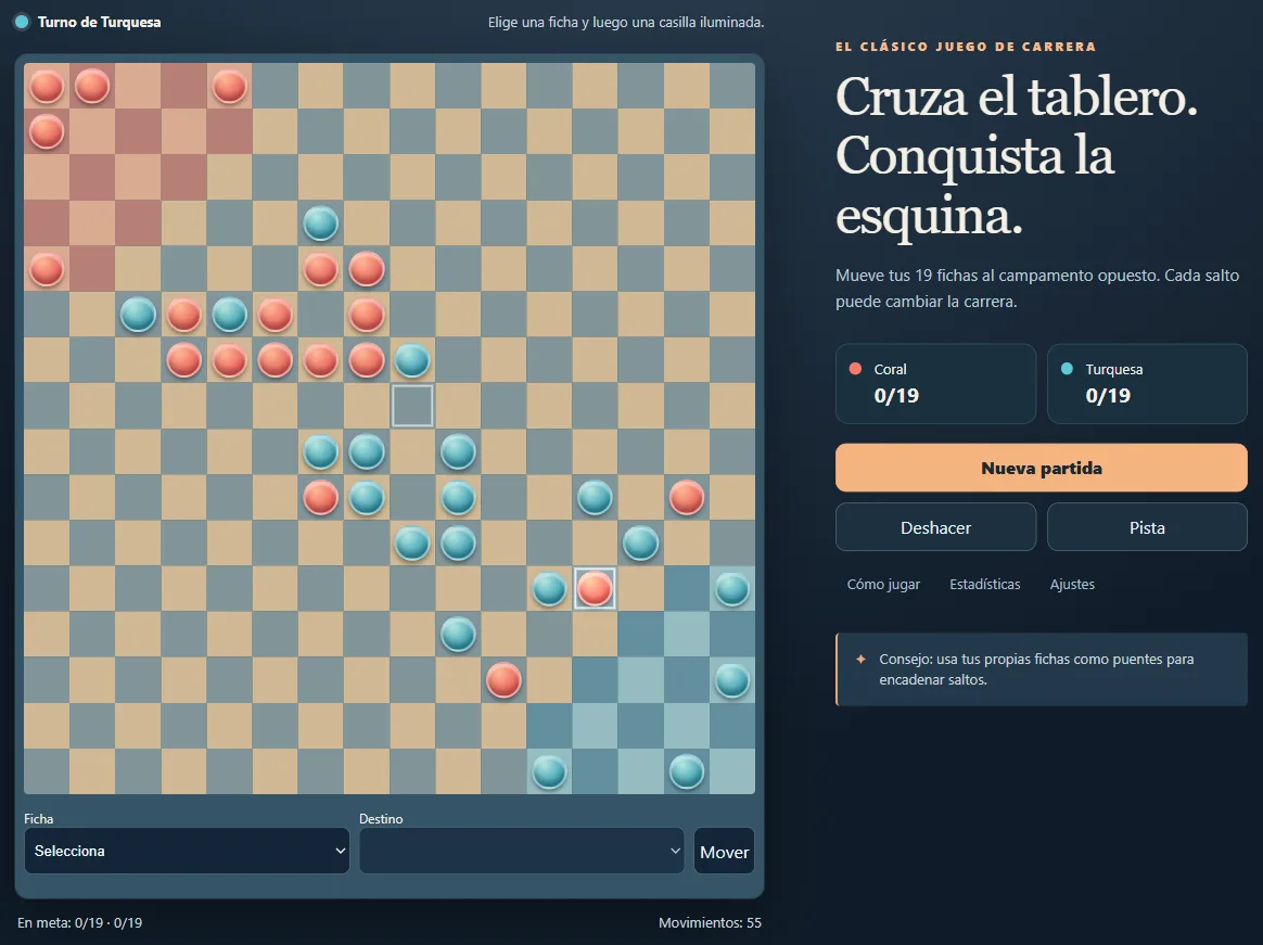 Halma local tras 55 turnos, con las fichas de ambos jugadores repartidas en el tablero.