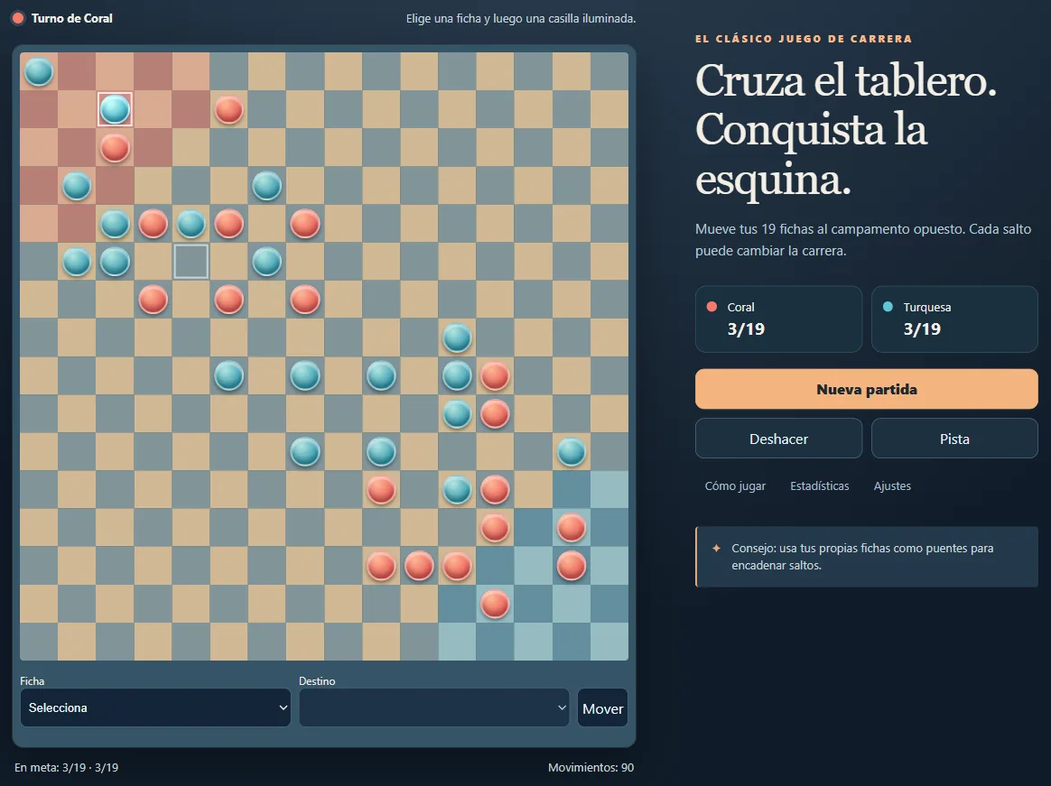 Halma local tras 90 turnos, con las fichas de ambos jugadores repartidas en el tablero.