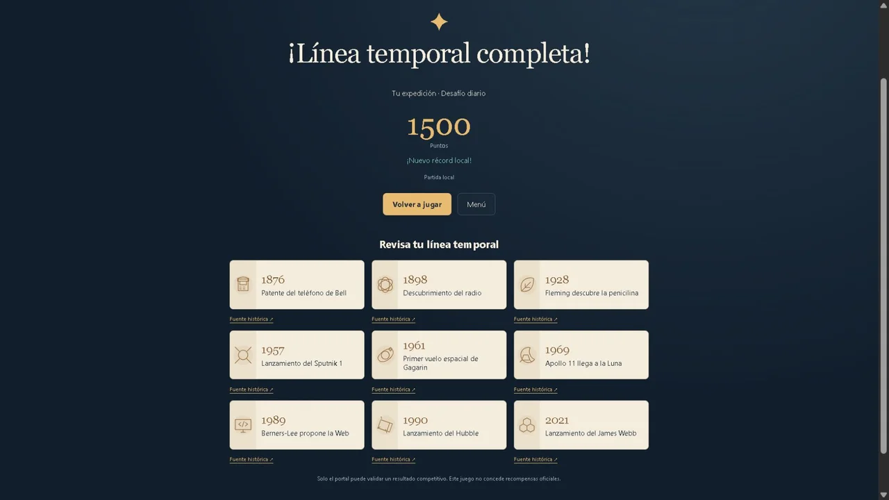 Historia en orden: Línea temporal completada y resumen de resultado