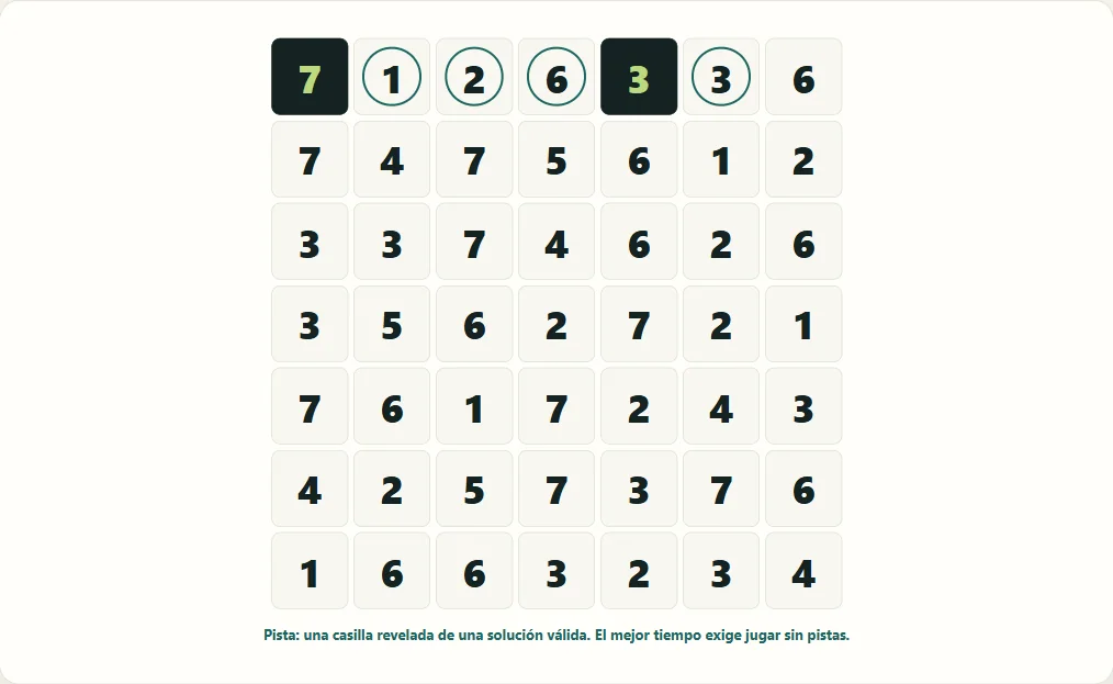 Hitori en dificultad mayor después de 6 pistas reales del juego.