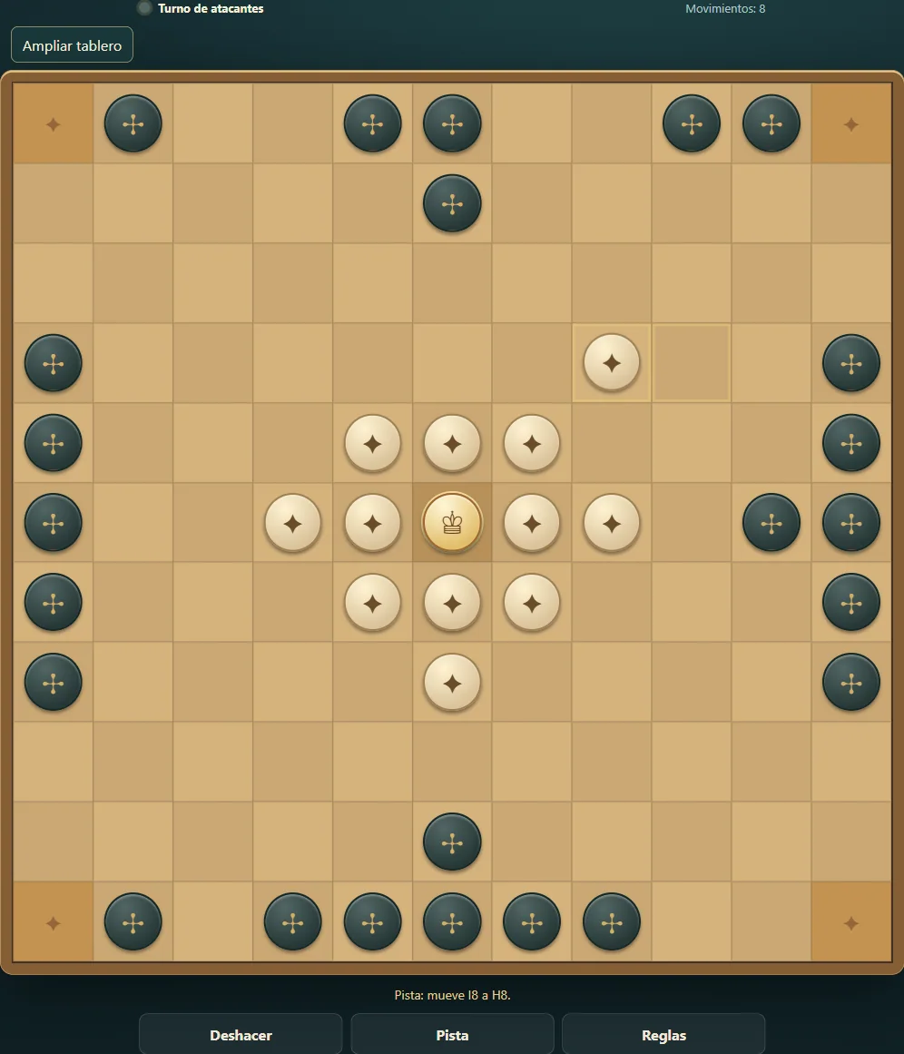 Partida real de Hnefatafl, posición 3 del tablero después de movimientos nativos.