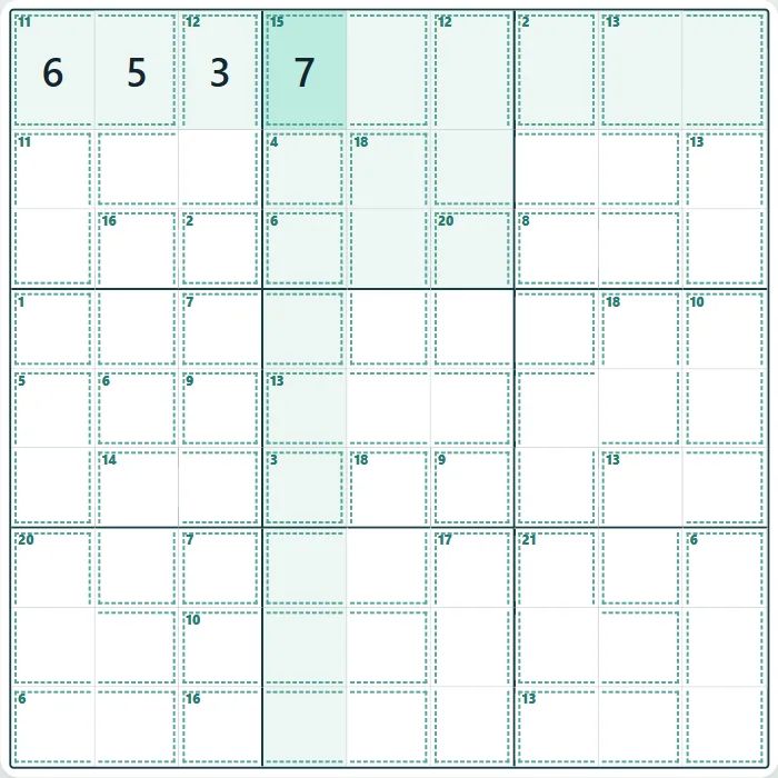 Killer Sudoku en dificultad alta después de 4 pistas reales del juego.